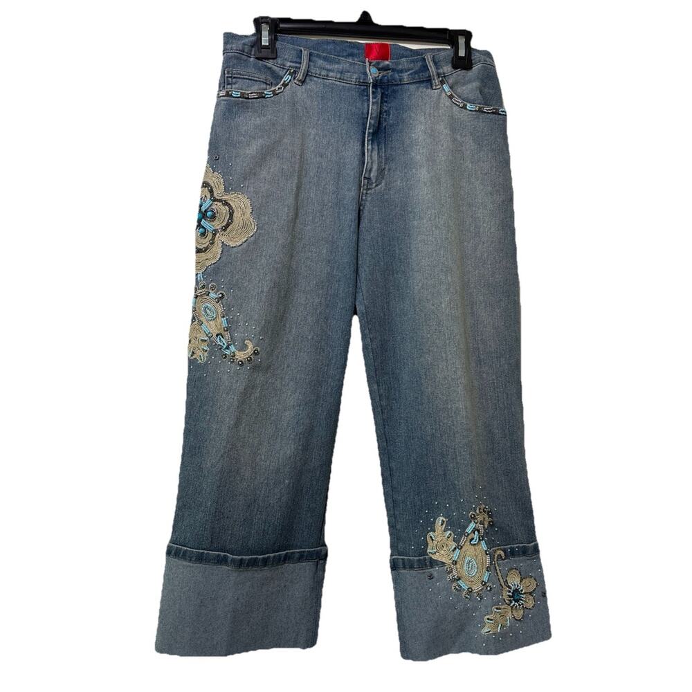 Very Vera Blue Denim Cuffed Wide Leg Jeans Capri Size 6 Wide Cuff Beaded Light